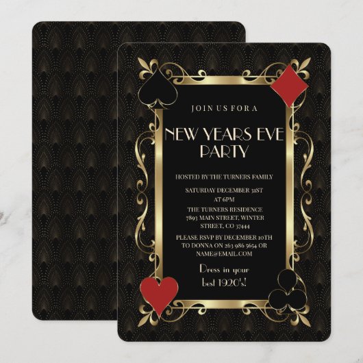Casino Night Gold Art Deco New Years Eve Party Kaart (Voorkant / Achterkant)