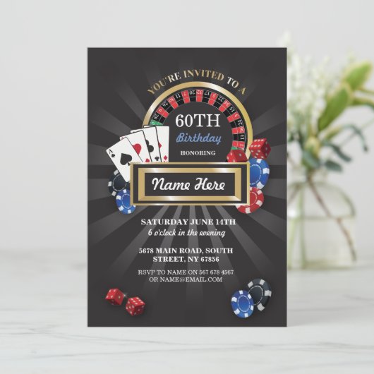 Casino Night Las Vegas Birthday Invite Party Kaart (Staand voorkant)