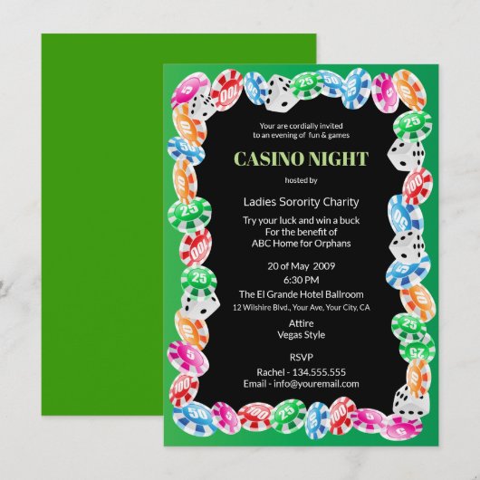 Casino Night Party Charity Benefit Kaart (Voorkant / Achterkant)