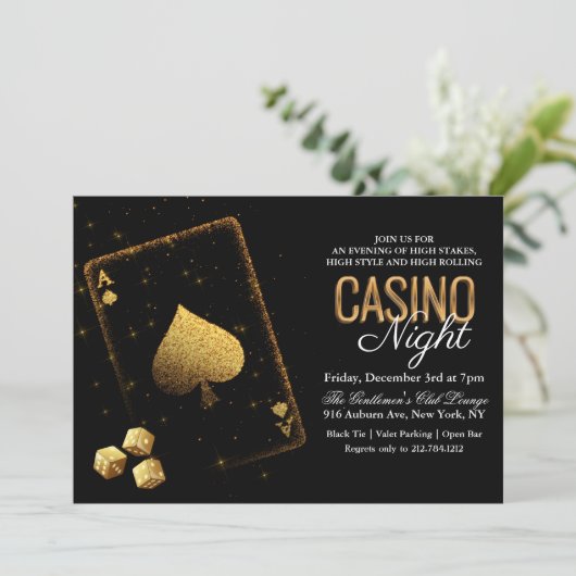 Casino Night Vegas Black en Gold Invitation Kaart (Staand voorkant)