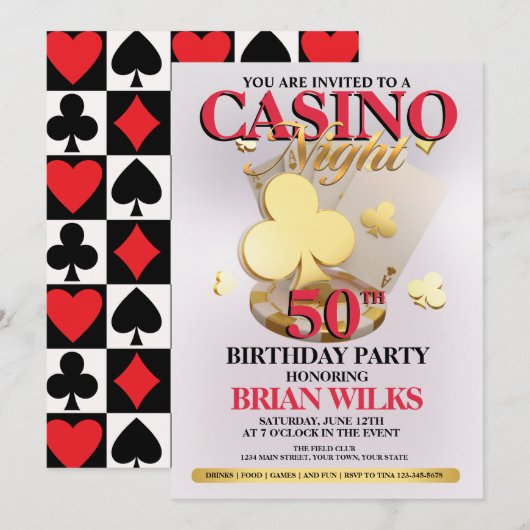 Casino Night Verjaardagsfeest Uitnodiging (Voorkant / Achterkant)
