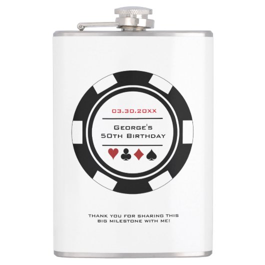 Casino Poker Chip Black and White Birthday Flask Heupfles (Voorkant)