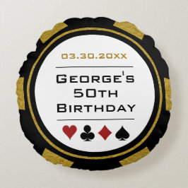 Casino Poker Chip Black en Gold Birthday Rond Kussen