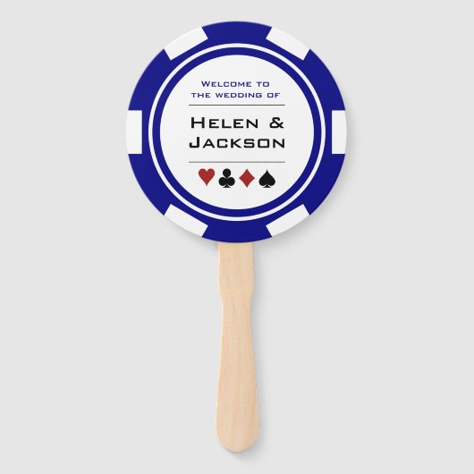 Casino Poker Chip Blauw Wit Welkom op bruiloft Handwaaier (Voorkant)
