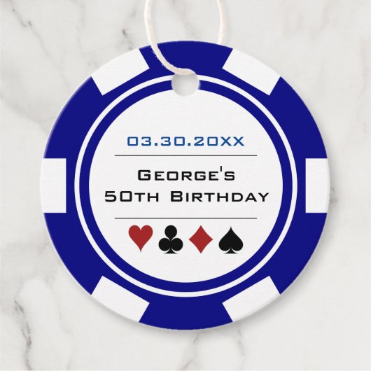 Casino Poker Chip in Navy Blue en White Birthday Bedankjes Labels (Voorkant)