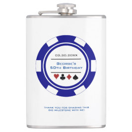 Casino Poker Chip Navy Blue White Birthday Flask Heupfles