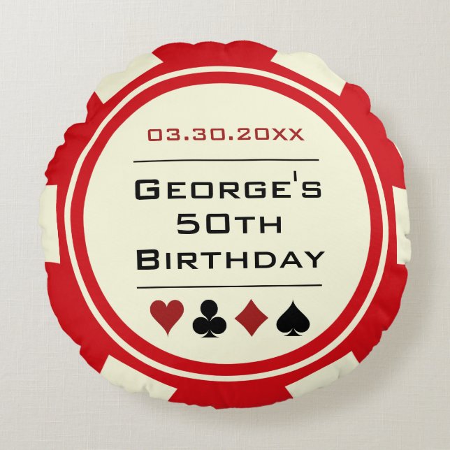 Casino Poker Chip Red en Cream Birthday Rond Kussen (Voorkant)
