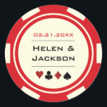 Casino Poker Chip Red en Off White Wedding Ronde Sticker<br><div class="desc">Ben je getrouwd in Las Vegas of een andere leuke casino stad? Deze rode en witte glanzende stickers zouden een perfecte aanvulling zijn op een favoriete doos,  envelop,  snoep buffet en nog veel meer.</div>