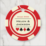 Casino Poker Chip Rood en Ivoor Bruiloft Bedankjes Labels<br><div class="desc">Trouwen in Las Vegas of een andere leuke casino stad? Deze rood-witte ronde gunsttags zouden een perfecte aanvulling zijn op een gunstbox! Bijpassende bruidsbenodigdheden beschikbaar.</div>