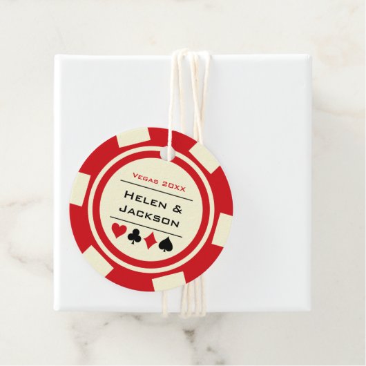 Casino Poker Chip Rood en Ivoor Bruiloft Bedankjes Labels (In situ)