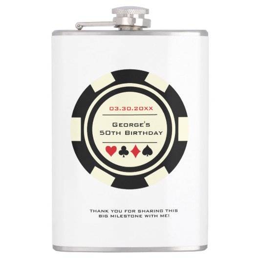 Casino Poker Chip Zwart Gebroken Wit Verjaardag Heupfles (Voorkant)
