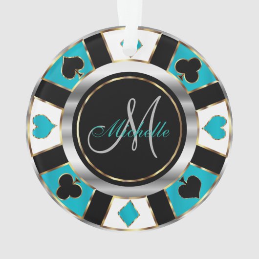 Casino Poker Monogram Chip - Blauwgroen Ornament (achterkant)