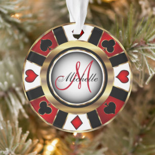 Casino Poker Monogram Chip - Red en Gold Ornament