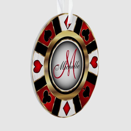 Casino Poker Monogram Chip - Rood en Goud Ornament (voorkant)
