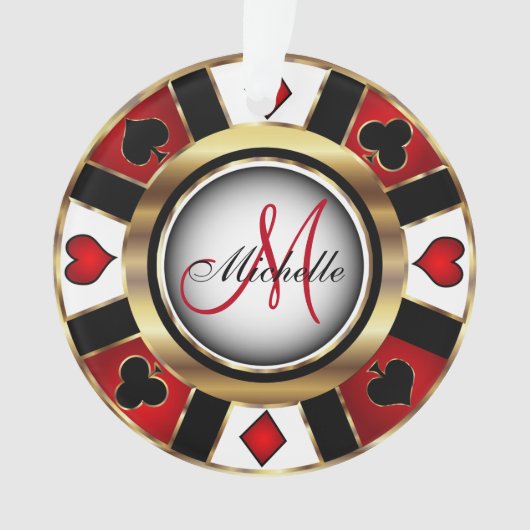 Casino Poker Monogram Chip - Rood en Goud Ornament (voorkant)