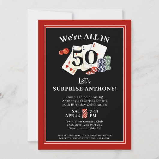 Casino Poker Surprise Birthday Party Kaart (Voorkant)