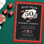 Casino Poker Surprise Birthday Party Kaart<br><div class="desc">Ga ALLES IN met uw verrassingsverjaardagsfeestje met een casino- of pokerpartijthema met deze bewerkbare rode en zwarte uitnodigingen die zijn aangepast aan de leeftijd van de eer en die speelkaarten, luidop en pokerchips bevatten. BIJSTAND: Neem contact op met de ontwerper VOORDAT u bestelt via het Zazzle Chat MESSAGE-tabblad of met...</div>