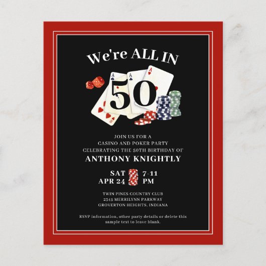 Casino Poker Verjaardag Party Budget Uitnodiging (Voorkant)
