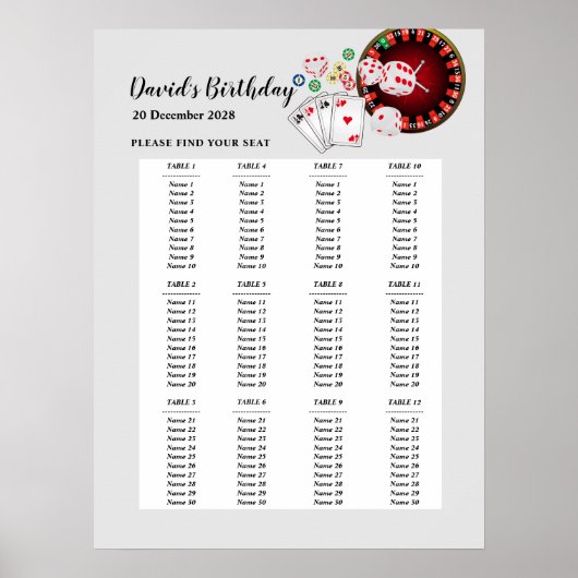 CASINO stoelindeling bord, verjaardagsfeest stoel Poster (Voorkant)