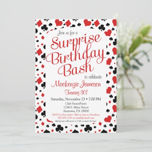 Casino Surprise Party Invitation Poker Vegas Game Kaart (Staand voorkant)