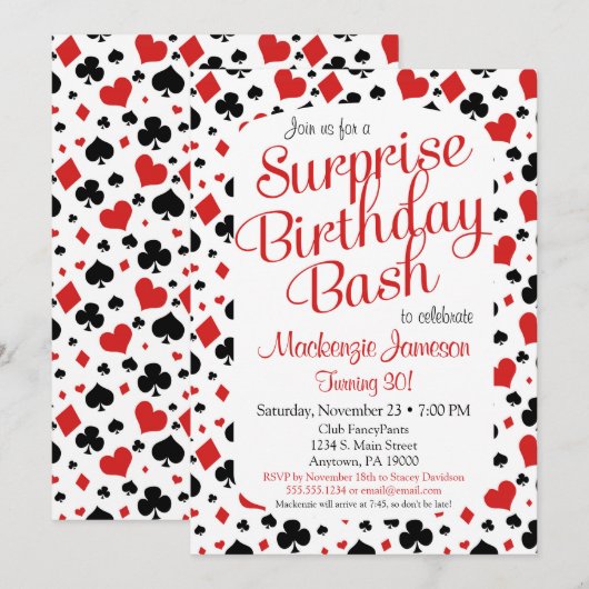 Casino Surprise Party Invitation Poker Vegas Game Kaart (Voorkant / Achterkant)