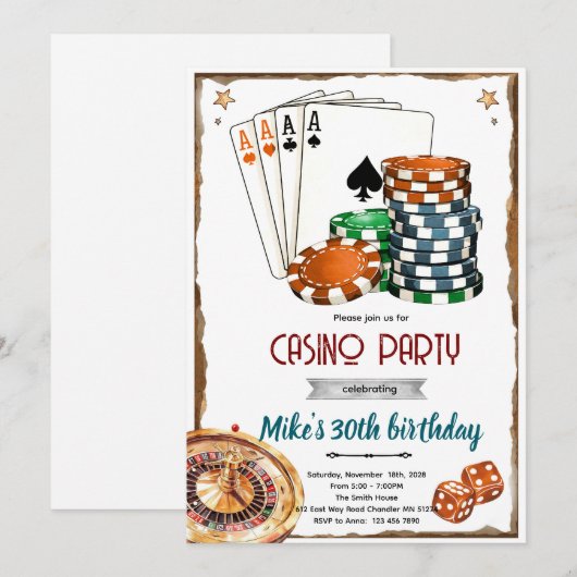 Casino theme party Invitation Kaart (Voorkant / Achterkant)
