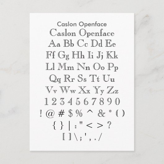 Caslon Openface - Zazzle Font Sampler Blad Briefkaart (Voorkant)