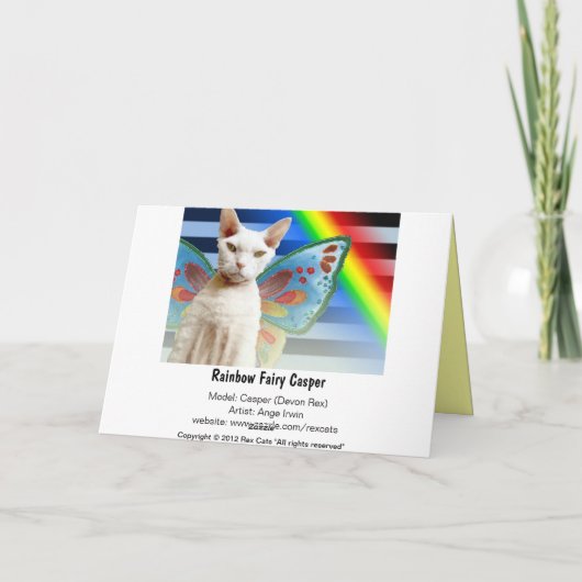 Casper Rainbow-fee | Devon Rex Cat Birthday Card Kaart (Achterkant)