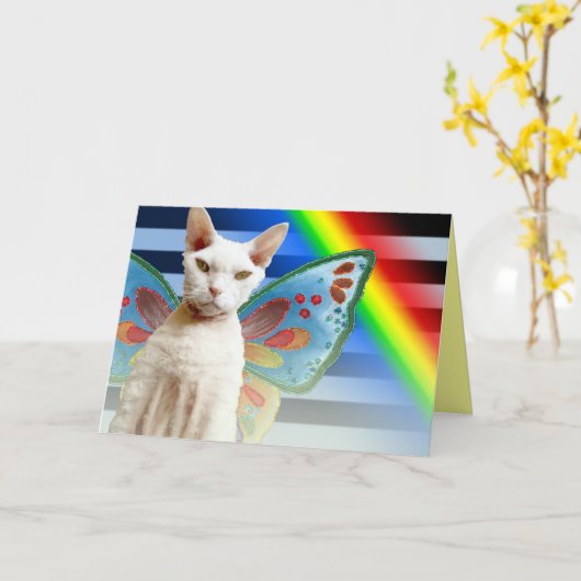 Casper Rainbow-fee | Devon Rex Cat Birthday Card Kaart (Gele Bloem)