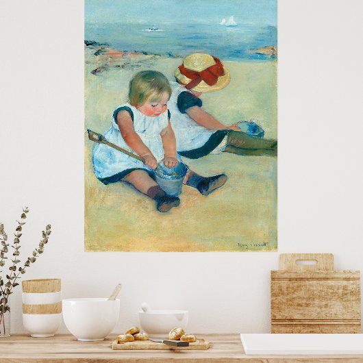 Cassatt's kinderen spelen op het strand poster (Keuken)