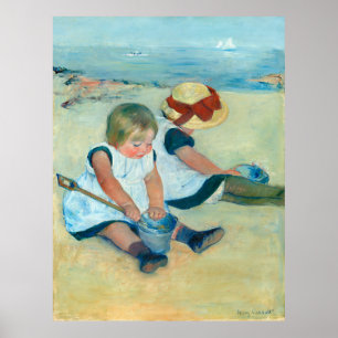 Cassatt's kinderen spelen op het strand poster