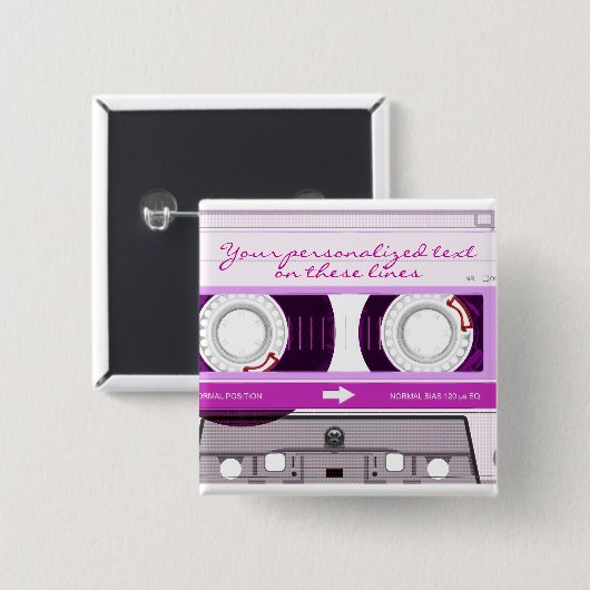 Cassette band - roze - vierkante button 5,1 cm (Voorkant /achterkant)