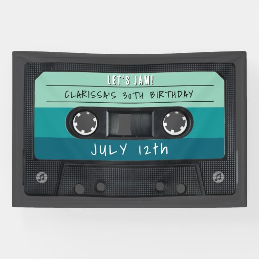 Cassettebandje Blue Retro verjaardagsfeestje Spandoek (Horizontaal)