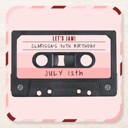 Cassettebandje Roze Retro Verjaardagsfeest Kartonnen Onderzetters (Voorkant)