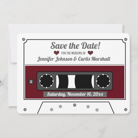 Cassettebandje Wijnrood Huwelijk Bewaar de Datum Kaart (Voorkant)