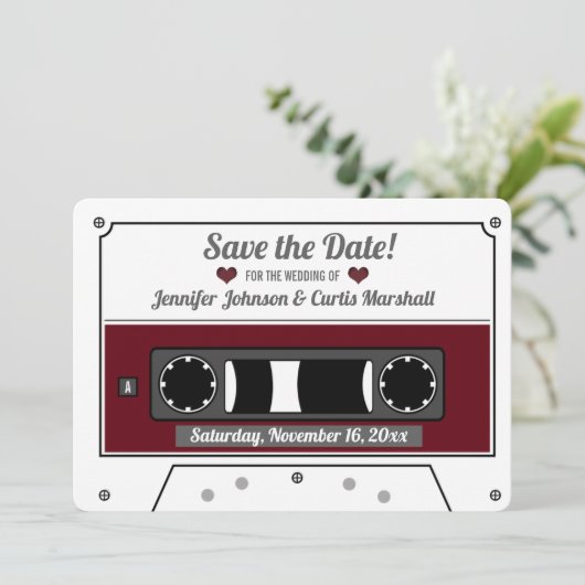 Cassettebandje Wijnrood Trouwen Bewaar de Datum  Kaart (Staand voorkant)