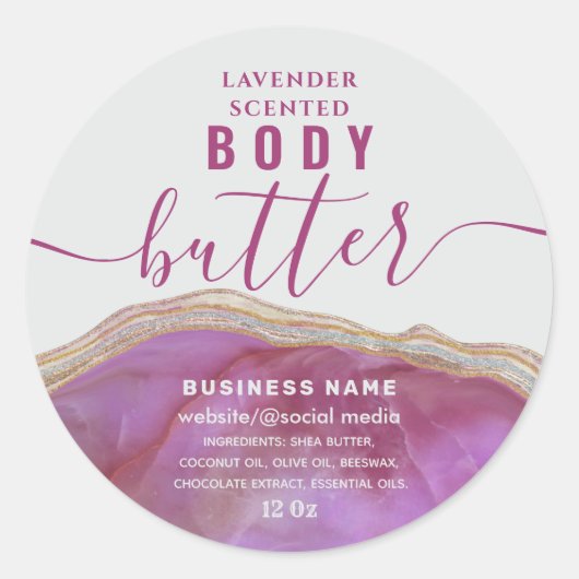 Cassis Blush marmeren agaat script body butter lab Ronde Sticker (Voorkant)