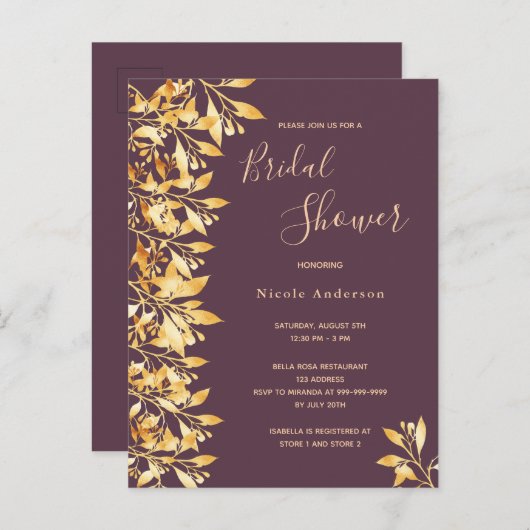Cassis botanisch goud Bridal Shower-uitnodiging Briefkaart (Voorkant / Achterkant)