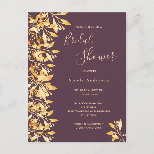 Cassis botanisch goud Bridal Shower-uitnodiging Briefkaart (Voorkant)
