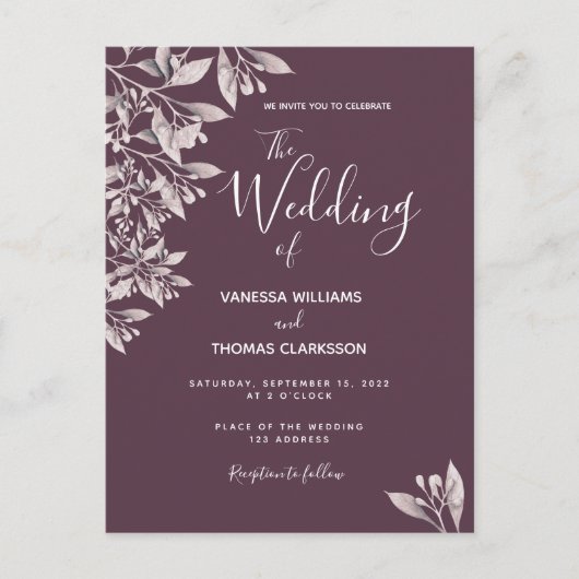 Cassis botanische paarse scriptbruiloft briefkaart (Voorkant)
