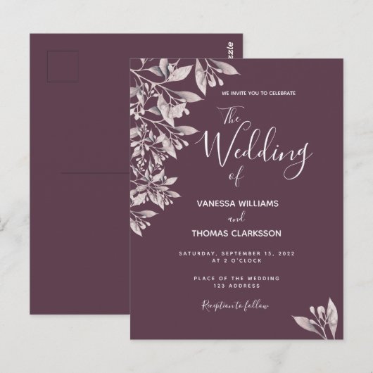 Cassis botanische paarse scriptbruiloft briefkaart (Voorkant / Achterkant)