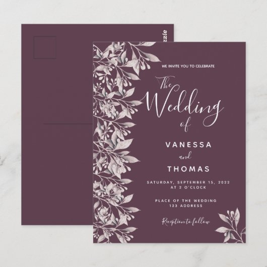 Cassis botanische roze script bruiloft uitnodiging (Voorkant / Achterkant)