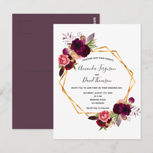 Cassis burgundy florals goudbruiloft briefkaart (Voorkant / Achterkant)