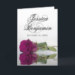 Cassis Magenta Roos Elegant Romantic Photo Wedding<br><div class="desc">Deze prachtige huwelijksuitnodigingen zijn voorzien van een verbluffend design met één paars met lange steeltjes, magenta of met een bessen gekleurd roos dat in water reflecteert met golven en rimpels. De voorzijde toont de eerste namen van het paar in fancy manuscript het schrijven. Binnen is ruimte voor de foto van...</div>
