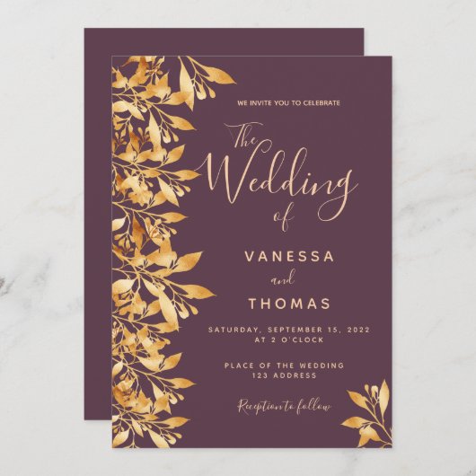 Cassis-marine gouden botanische script bruiloft kaart (Voorkant / Achterkant)