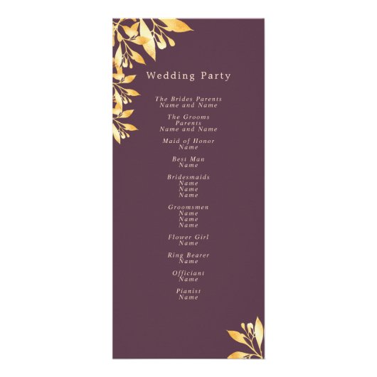 Cassis maroon gold botanical bruiloft programme reclamekaart (Achterkant)