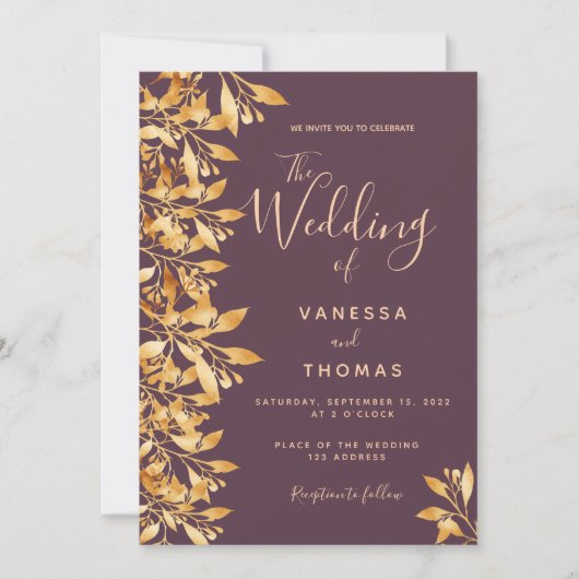 Cassis maroon gold botanische scriptbruiloft kaart (Voorkant)