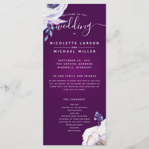 Cassis Navy Blue en Lila Flowers Wedding Programme Menu