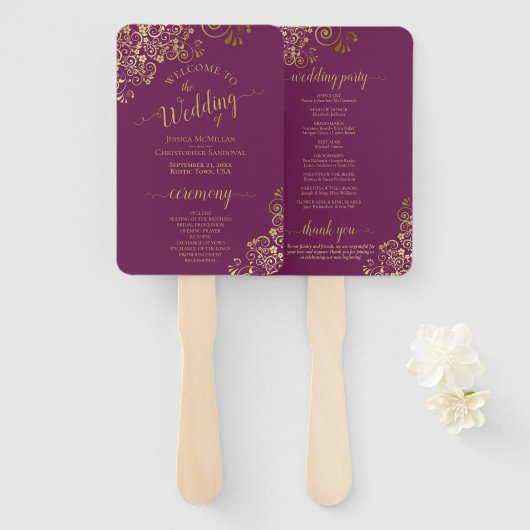 Cassis Paars & Gold Lace Elegant Wedding Program Handwaaier (Voorkant en achterkant)