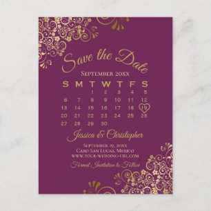 Cassis Paars Gold Wedding Save the Date Calendar Aankondigingskaart